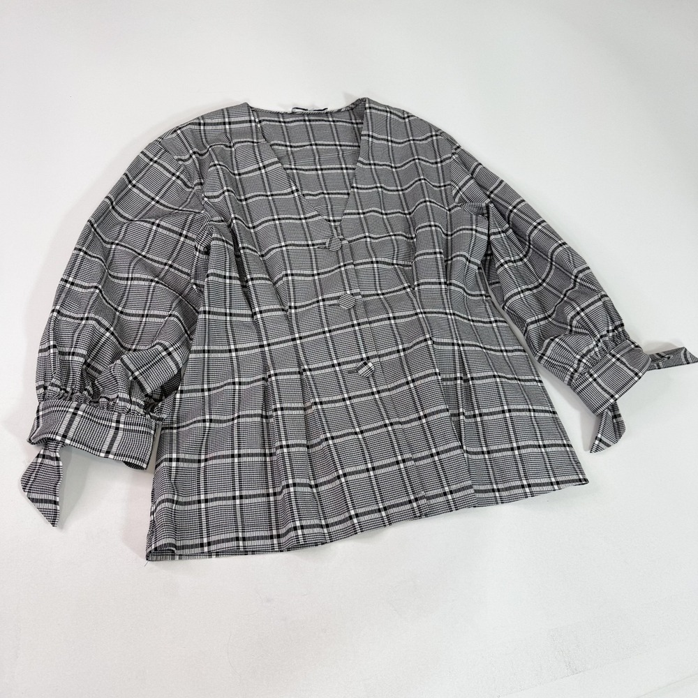 Pearl Lela Rose Shirt Womens XL Seersucker Plaid White Plaid Tie Sleeve Made USA